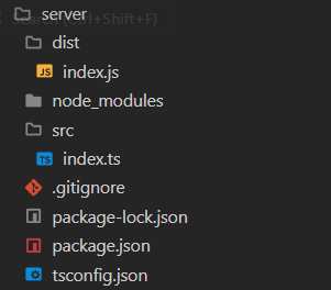 the nodejs app project structure. It contains a server folder and itself contains a src and a dist folder with its respective files