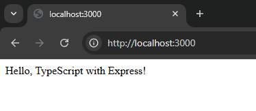 web browser showing the text "Hello, TypeScript with Express!"